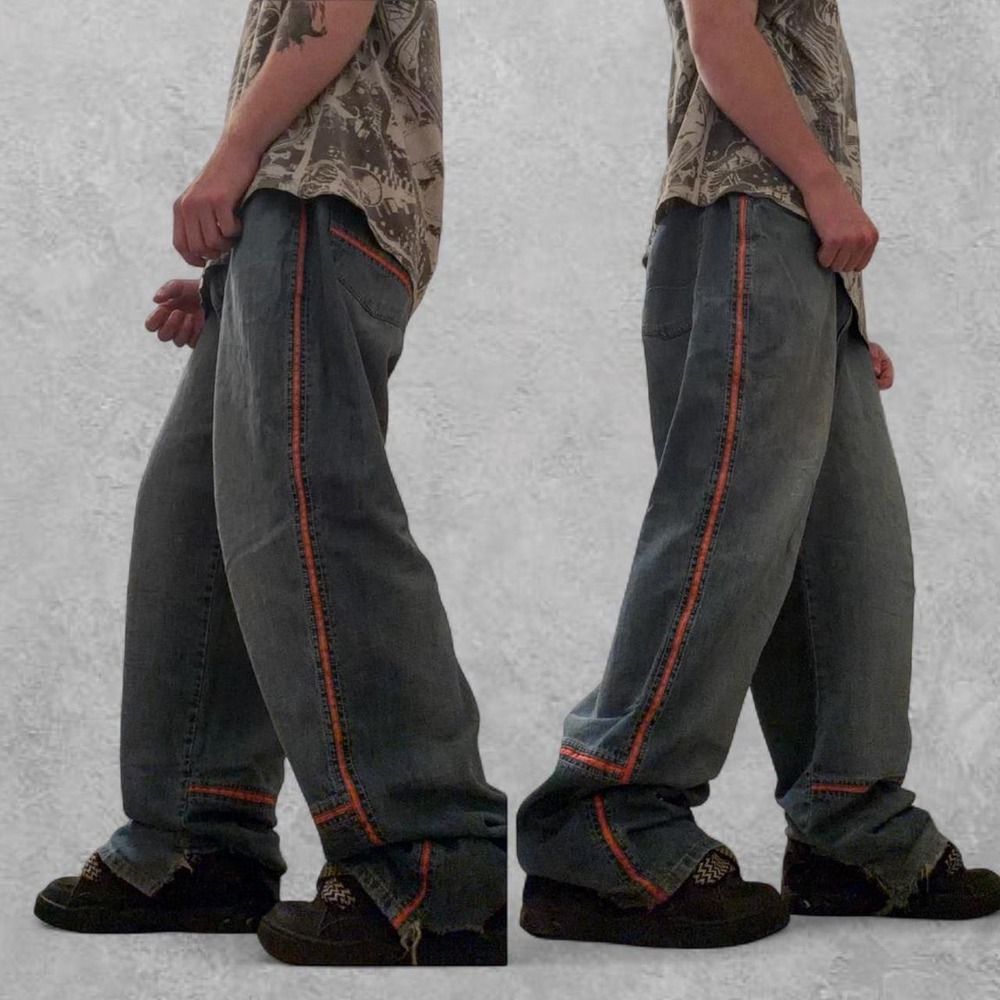 Vintage Phat Farm Baggy Skater Jeans Blue Side Stripe Y2K Grunge Wide Leg 37x31